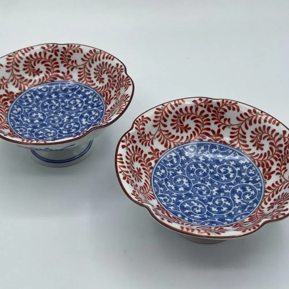 2 Gen-emon kJapan Orange & Blue Porcelain Bowls Signed 4